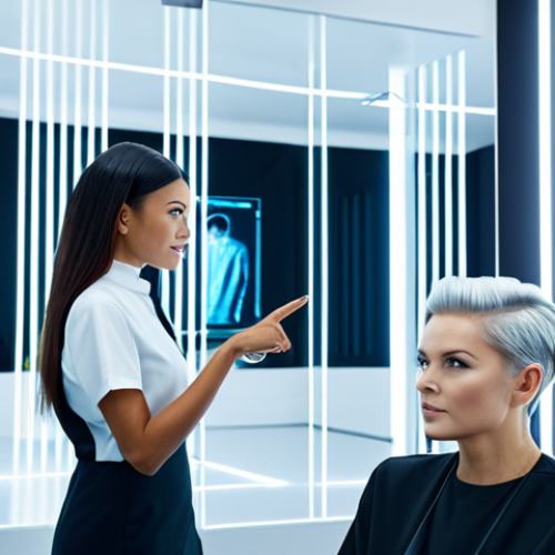 Home 6 A professional female hair stylist and her adult female client in a futuristic, brightly lit smart hair salon. Large translucent screens display AI-generated hair simulations and virtual reality overlays on the client's projected image. The stylist, fully clothed in a sleek salon uniform, gestures towards the screen, explaining options, while the client, in modest, elegant clothing, observes with interest. Minimalist, clean design with digital interfaces. High-resolution, crisp details, soft studio lighting, safe for work, appropriate content, fully clothed, professional, perfect anatomy, correct proportions, natural pose, well-formed hands, proper finger count, natural body proportions.