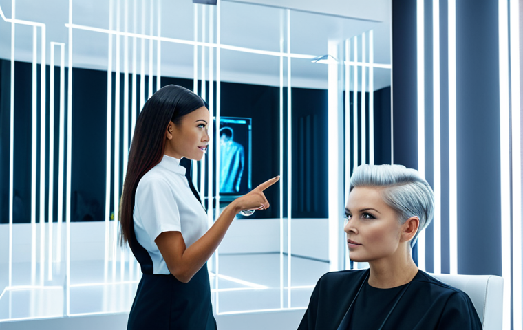 A professional female hair stylist and her adult female client in a futuristic, brightly lit smart hair salon. Large translucent screens display AI-generated hair simulations and virtual reality overlays on the client's projected image. The stylist, fully clothed in a sleek salon uniform, gestures towards the screen, explaining options, while the client, in modest, elegant clothing, observes with interest. Minimalist, clean design with digital interfaces. High-resolution, crisp details, soft studio lighting, safe for work, appropriate content, fully clothed, professional, perfect anatomy, correct proportions, natural pose, well-formed hands, proper finger count, natural body proportions.