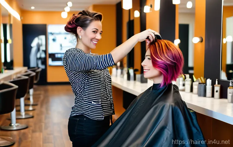 헤어디자이너 이직 준비 체크리스트 - A stylish female hairstylist, mid-30s, with a sophisticated haircut, stands in a modern, brightly li...