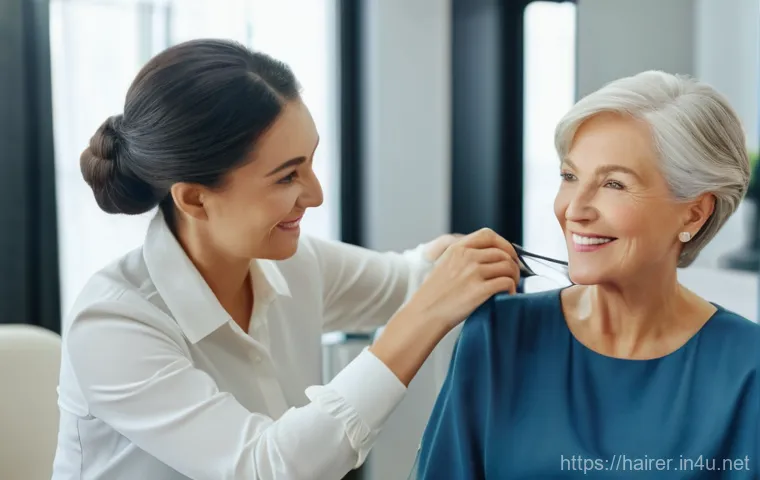 헤어디자이너 노인 헤어케어 - A professional and kind female hair designer, in her 30s, with a warm smile, is gently examining the...