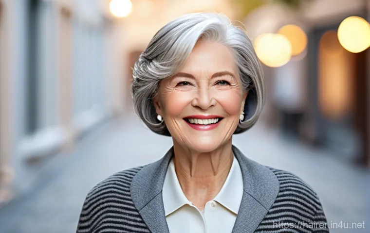 헤어디자이너 노인 헤어케어 - An elegant senior woman, in her late 60s, with a serene expression, is performing a home hair care r...