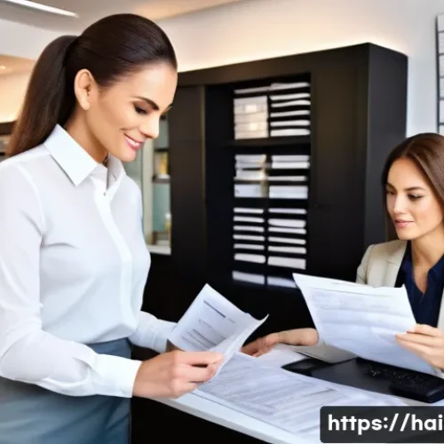 헤어디자이너가 알아야 할 세무 지식 - A professional hair salon interior scene showing a hair designer consulting with a client, surrounde...