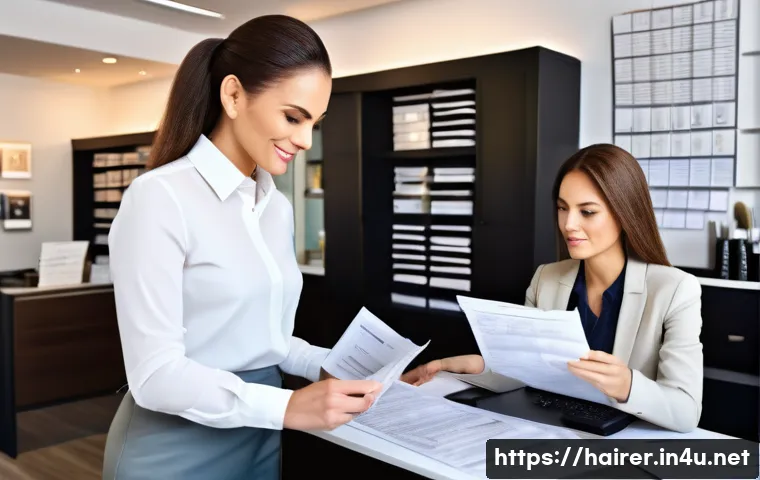 헤어디자이너가 알아야 할 세무 지식 - A professional hair salon interior scene showing a hair designer consulting with a client, surrounde...