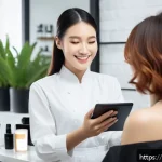 헤어디자이너 고객 후기 관리 - A professional hair stylist in a modern salon gently consulting with a female client, showing a tabl...