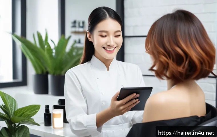 헤어디자이너 고객 후기 관리 - A professional hair stylist in a modern salon gently consulting with a female client, showing a tabl...