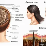 헤어디자이너 필기시험 준비법 - A detailed educational illustration showing the structure of human hair and scalp, including labeled...