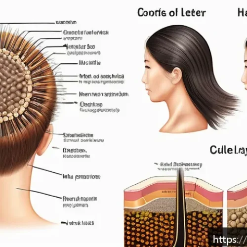 헤어디자이너 필기시험 준비법 - A detailed educational illustration showing the structure of human hair and scalp, including labeled...
