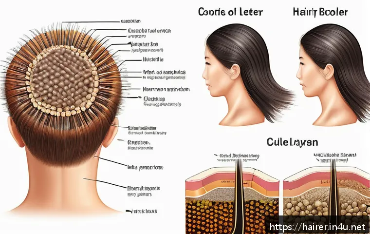 헤어디자이너 필기시험 준비법 - A detailed educational illustration showing the structure of human hair and scalp, including labeled...
