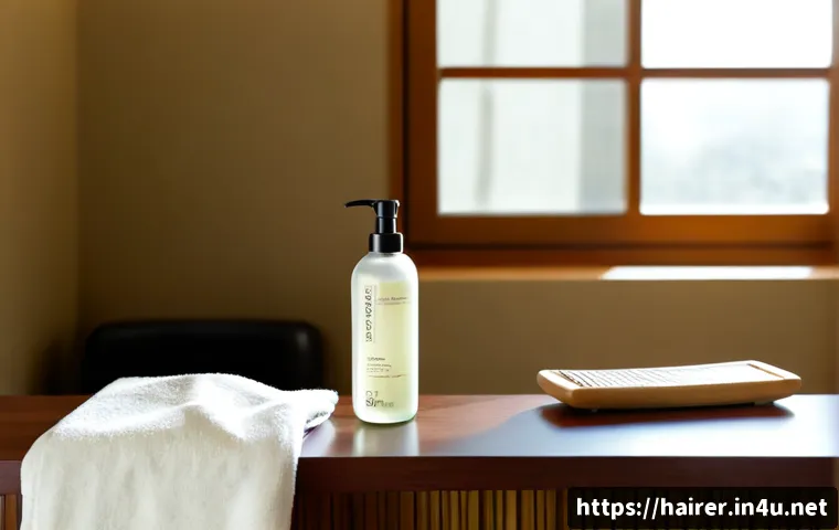 헤어디자이너 클리닉 제품 추천 - Photorealistic editorial still life of premium unbranded hair clinic products recommended by a profe...
